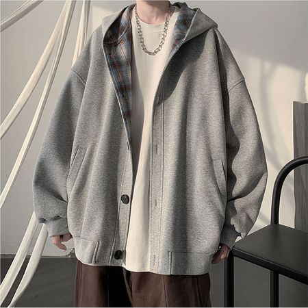 Fashion Men's Stitched Plaid Hooded Sweatshirt Trendy Cardigan Jacket