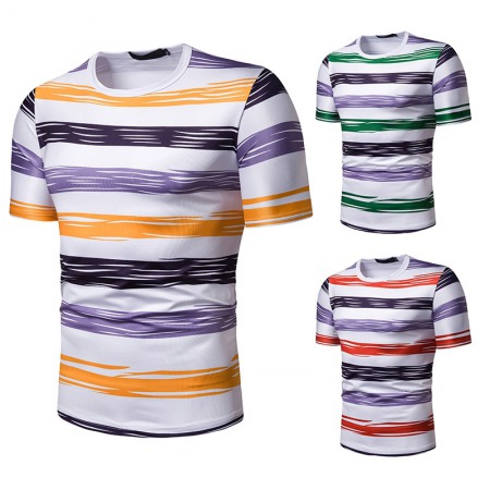 New Summer Men's Short-Sleeved T-Shirt Mens Contrast Striped Slim-Fit Casual T-Shirts