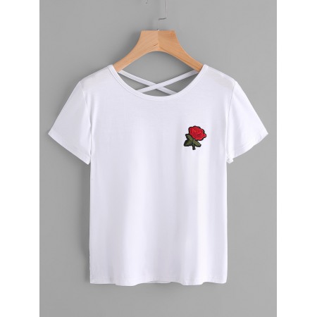 New Style Rose Embroidery Solid Color Sexy Lady T-Shirt