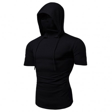 Men's Personality Simple Stretch Fitness Mens Ninja Suit Hooded Short Sleeve T-Shirt Mask