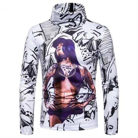 New Men's Large Size 3D Muscle Girl Print High Neck Long Sleeve T-Shirt Base Shirt